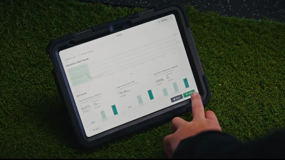 Athlete testing report showing peak vertical force, asymmetry percentages, and time to peak force metrics